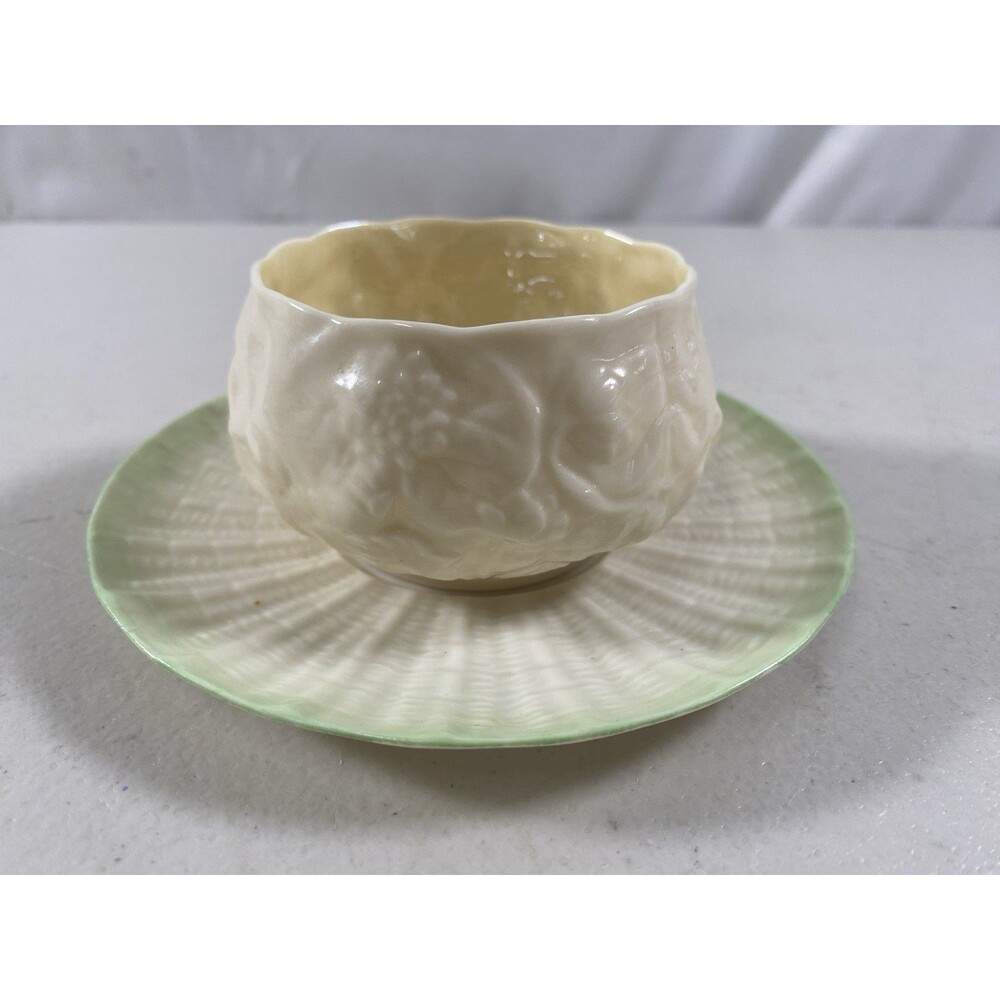 Antique Belleek Black Mark Green Porcelain Cup & Saucer #772